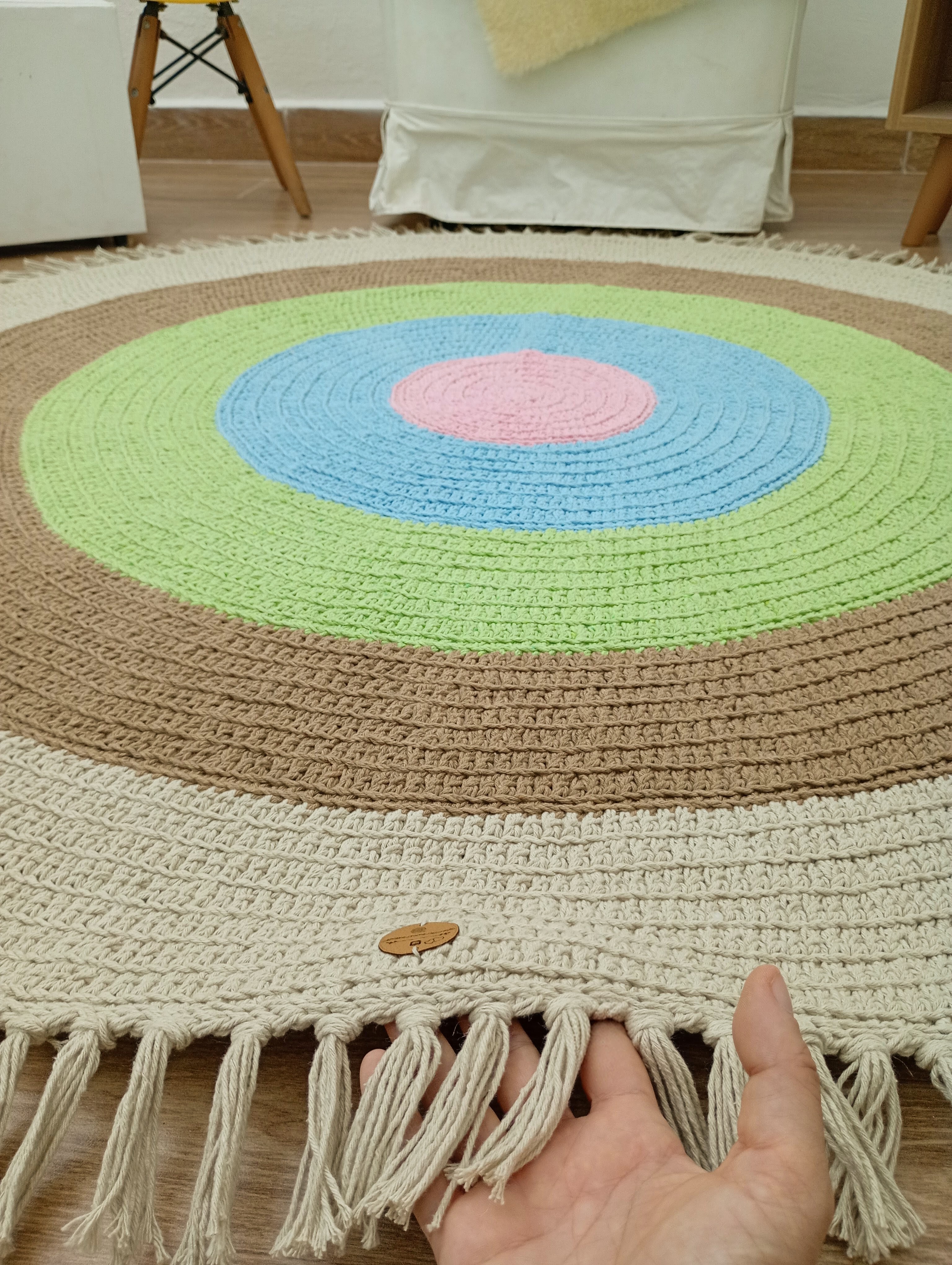 Tapete De Crochê Redondo Infantil Com Franja Boho Chic 120cm Quarto Bebê Maternidade Fio Duplo Algodão Lavável